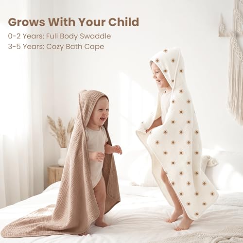 Image of Konssy 2-Pack Muslin Hooded Baby Towels, 100% Cotton, Ultra-Soft & Absorbent Baby Bath Towels with Hood for Newborn & Infant (Camel, Sun,32 inch x 32 inch)