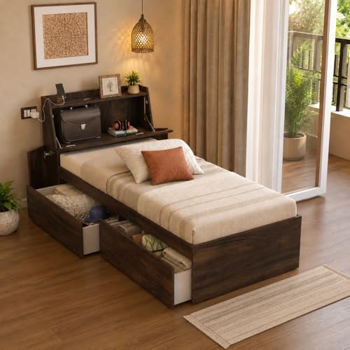 Image of Studio Kook Tribe Left Single Bed with Headboard Storage & 2 Drawers | Engineered Wood Bed | Fits 78 x 36 inch Mattress | Junglewood | Mattress Not Included
