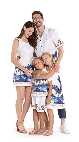 Matchable Family Hawaiian Luau Men Women Girl Boy Clothes in Diamond Head Palms Beach White