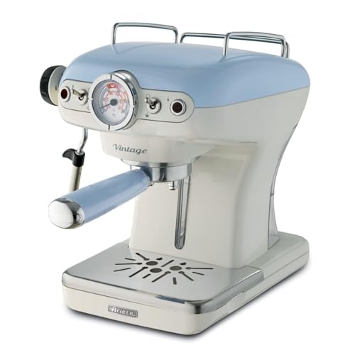 Ariete Vintage Espresso 1389, Retro Espressomaschine für Pulver oder ESE-Pads, 1-2 Tassen, Cappuccino-Düse, Edelstahl-Tassenhalter, 15 Bar, 850W, Blau