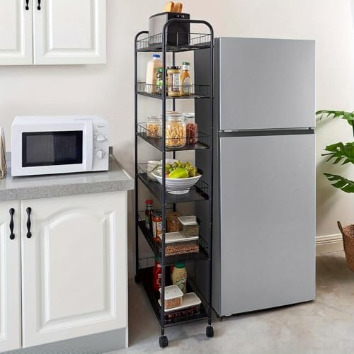 HAUSPROFI Estantería de cocina de 6 mesas con ruedas y cestas, estantería delgada de pie para cocina, baño, oficina, lavandería, espacios estrechos - Negro - 25,4 cm x 58 cm x 155 cm (10 pulgadas)
