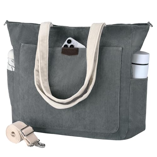 Chase Chic Bolso Mujer, Pana Bolso Bandolera Mujer Grande Tote Bag Universidad Casual Bolsa Ordenador Portátil Shopper Hombro para Viaje Trabajo Oficina Escolares Adolescentes, Gris Y Blanco