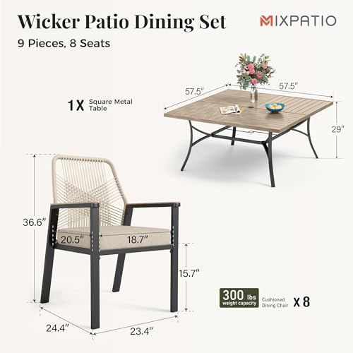 Image of MIXPATIO 9 Pcs Outdoor Dining Set, 8 Rattan Fixed Chairs with Soft Cushion and 57.5 inch Square Table with Umbrella Hole, Patio Table and Chairs for Backyard Porch