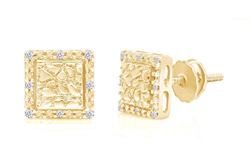 White Natural Round Diamond Accent 10K Yellow Gold Screw Back Square Nugget Mens Stud Earrings (I-J Color, I2-I3 Clarity) #TOP3