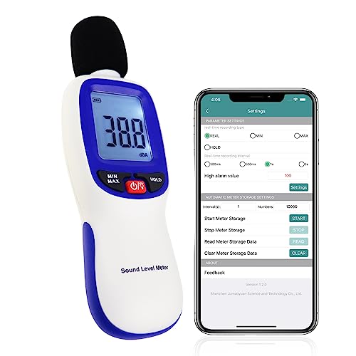 Decibel Metro, Bluetooth-Activado Digital Sonido Nivel Metro Portátil SPL Metro 30~130dBA Rango Retención de Datos MAX/MIN con LCD Mostrar Iluminar desde el fondo para Hogar Escuela y Lugar de Trabajo