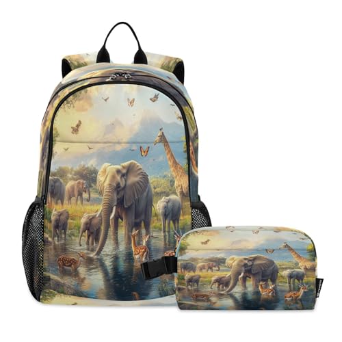 Kids Backpack Herd Of Elephants Boys Girls School Backpack with Lunch Bag Bookbag Set for Elementary Middle School Teens
