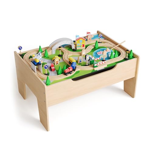78 Piece 4-in-1 Wooden Train Table for Toddlers & Kids