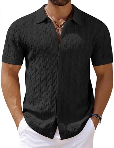 COOFANDY Men's Knit Short Sleeve Shirts Button Down Vintage Knitt...