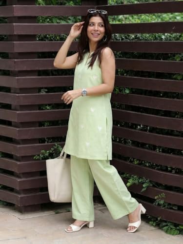 Image of ANNI Designer Kurta Set for Women Cotton Blend Embroidered | Kurti Set for Woman | Farshi Salwar Suit Kurta Palazzo Outfit | Round Neck V Slit Sleeveless Regular Fit Ethnic Dress Stylish Clothing