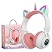 YUSONIC Unicorn Kids Headphones,Unicorn Bluetooth Headphones Foldable for Girls Boys Toddlers Phones/ipad/Amazon fire,Light Up Kids Wireless Headphone Birthday Gifts (White+Pink)