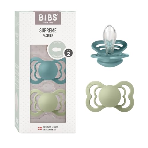 BIBS Supreme Dummies 2-Pack, BPA Free Dummy Pacifier, Silicone Symmetrical Nipple Soother, Size 2 (6-18 Months), Island Sea/Sage