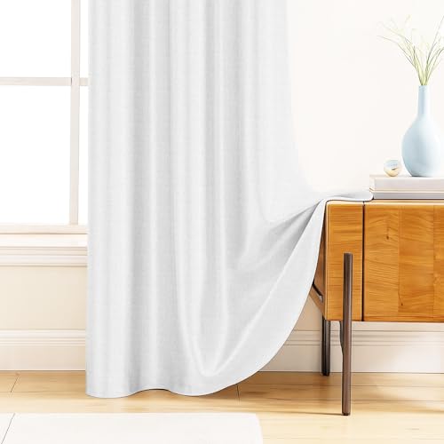 Image of LINENWALAS 100% Blackout Curtains for Door (8 Feet) - Set 2 Panels Linen Texture with Geometric Floral Pattern Complete Light Blocking with Thermal Insulated, Nose Reducing Backing (Cloud White)
