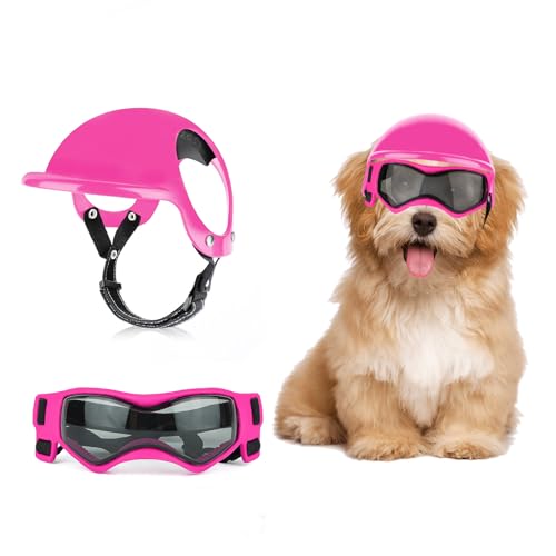 Image of PETLESO Dog Goggles with Helmet for Small Breed, Dog Helmet and Goggles Set for Outdoor Driving Walking, Pink-S