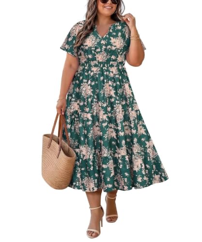 Image of TIYOMI Women Plus Size Dress Boho V Neck Short Sleeve Beach Maxi Dresses Floral /Stripe /Leaves /Lemon XL-5XL