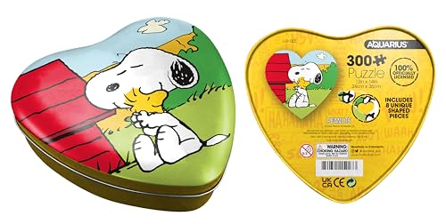 AQUARIUS Peanuts Snoopy & Woodstock - Rompecabezas de 300 piezas en lata en forma de corazón, sin deslumbramiento, ajuste de precisión, mercancía y coleccionables con licencia oficial de Peanuts, 13 x