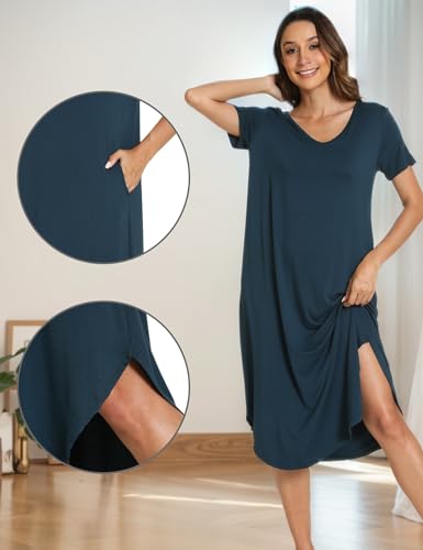 GYS Bamboo Viscose Nightgowns for Women Short Sleeve V Neck Night Shirts with Pockets4
