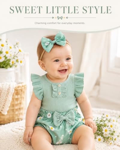 ChuYuKu Newborn Girl Summer Clothes Floral Romper Infant Baby Girls Shorts Summer Set Toddler 1st Birthday Outfits Green 12-18M — view 2