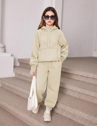 Image of Arshiner Girls 2 Piece Outfits Sweatsuit Half Zip Sweatshirt and Sweatpants | Fall Winter, Drop Shoulder Long Sleeve, Thumbhole Hoodies, with Sweatpant, Jogger Set, Sweat Set, Tracksuits with Pockets