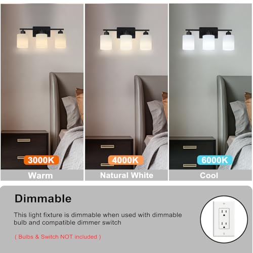 Image of 3-Light Bathroom Vanity Light Fixtures, Black Modern Vanity Light Over Mirror, Modern Wall Light with Milky White Frosted Glass Shade for Bathroom Bedroom Living Room Kitchen Hallway