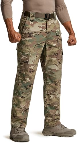 CQR Mens Flex Ripstop Tactical Pants Water Resistant Stretch Cargo Pants Lightweight EDC Hiking Work Pants Marksman Camo Utility Camo 34W x 32L