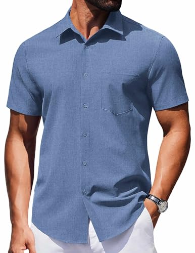 COOFANDY Mens Short Sleeve Button Down Shirts Wrinkle Free Dress Shirt Regular Fit Button Up Shirts with Pockets Blue Large