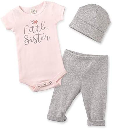 Tesa Babe Little Sister Bodysuit Set w/Pants & Hat for Newborns, Baby Girls & Toddlers, Pink & Grey