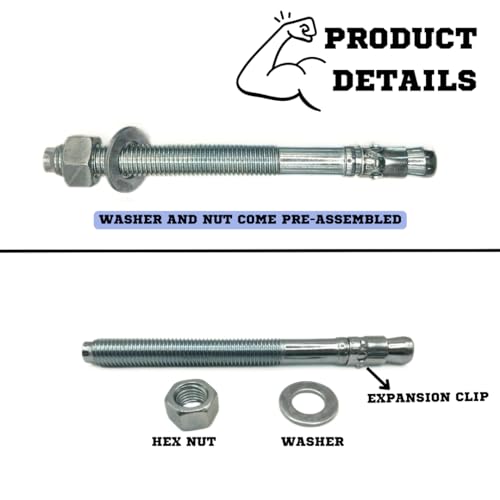MIGHTY FASTENERS Zinc-Plated Steel Wedge Anchors, 3/4" X 8 1/2" - Heavy-Duty Mounting Bolts for Concrete - 50 Pack