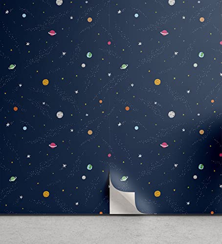 Image of Lunarable Outer Space Peel & Stick Wallpaper Home, Solar System Themed Cartoon Planet Hand Drawn Science Fiction Final Frontier, Self-Adhesive Living Room Kitchen Accent, 13" x 36", Dark Night Blue