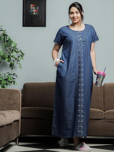 Image of 9shines Label Stylish Denim Cotton Nighty Maxi for Women | Full Length Trendy Nightgown | Premium Nightdress | Nightwear | Embroidery Nighty with Pocket (9SDS)