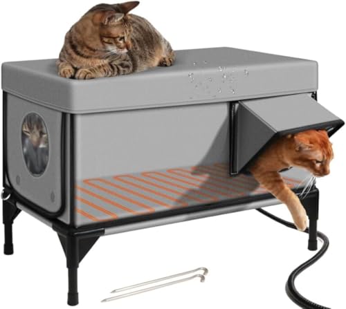 Slystar ペットドライシェルター 猫用シェルターハウス キャットドア 加熱式屋外猫ハウス 野良猫用屋外キャットハウス 電気加熱 防水防風 防寒防雨 通気性 組み立て式 お手入れ簡単 安全な避難ドア 四季通用 ペット用 野良納屋猫用 (米国規格(加熱パ