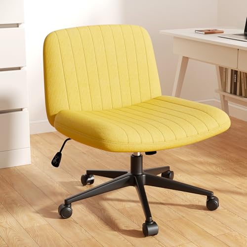 Image of Criss Cross Chair with Wheels, Cross Legged Office Chair, Armless Office Chairs Adjustable Height Swivel Tilting Fabric Vanity Chairs for Home Bedroom (Yellow)