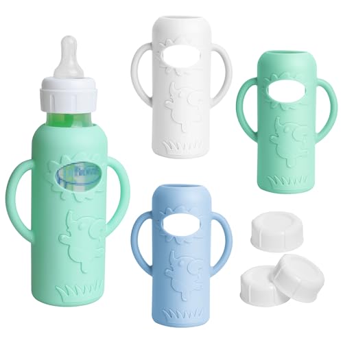 Image of Joxodak 3 Pack Silicone Sleeves for Dr Brown Natural Glass Baby Bottles, Food Grade Anti Breakage Baby Bottle Holder with Handles and 3pcs Travel Bottle Caps (White+Blue+Green, 8oz)