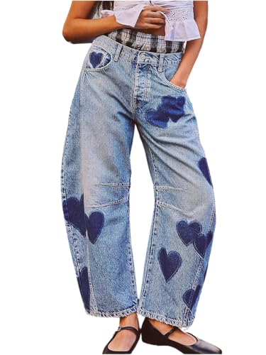 ebossy Women's Barrel Jeans Mid Rise Vintage Distressed Baggy Loose Wide Leg Boyfriend Washed Denim Pants