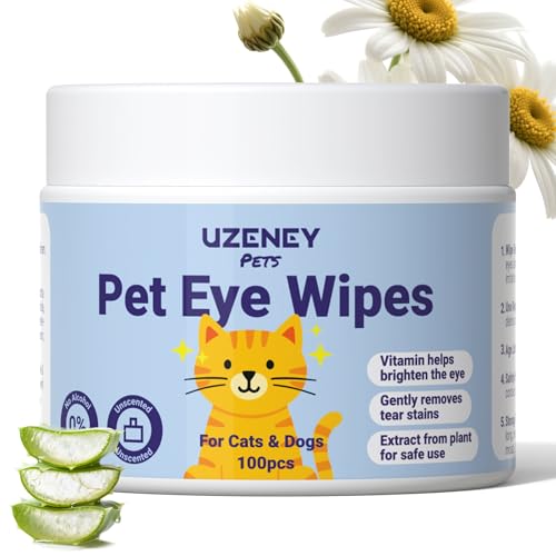 UZENEY Eye Wipes for Dogs & Cats, Eye Cleaning and Grooming Wipes Gently Removes Eye Tear Stain, Deris, Discharge, Safe Ingredients for Pet, Unscented, 100pcs