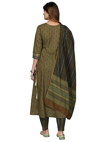 Image of Vbuyz Women's Cotton Print & Embroidered Anarkali Stitched Kurta Pant with Dupatta (VF-KU-1704-SKD-36 Mahendi Green S)