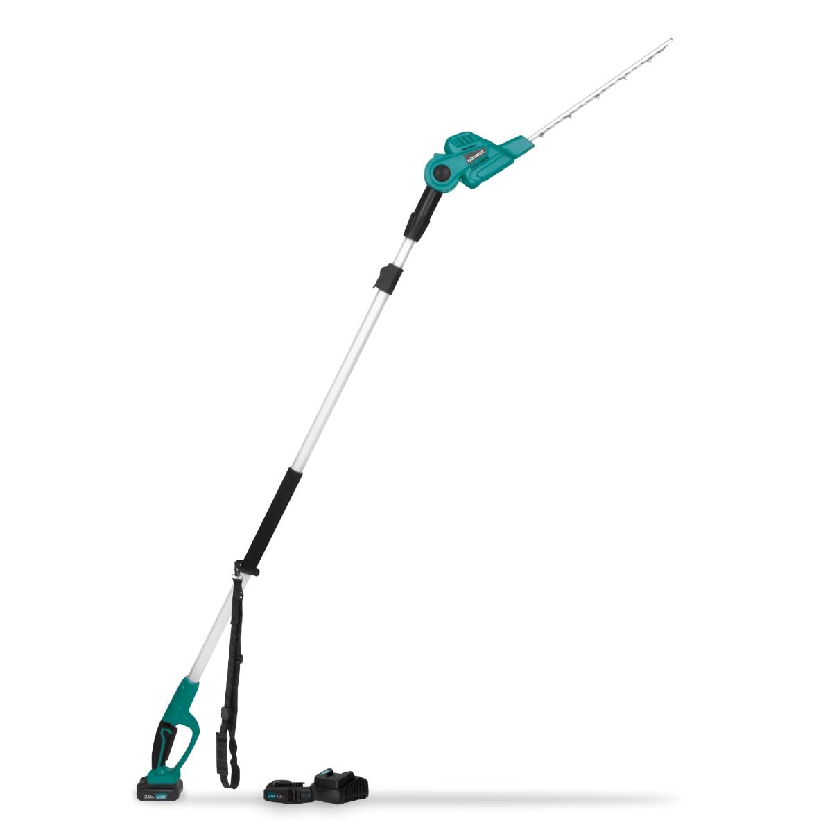 VONROC Cortasetos Telescópico 20V con 2 baterías de 2.0Ah y cargador rápido - Cuchilla inclinable - Pértiga extensible (200-260 cm)