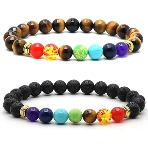 HEDQFM 2pcs 7 Chakra Tiger Eye Energy Stone Bracelet Lava Stone Aromatherapy Essential Oil Diffuser Bracelets for Men Women Cover