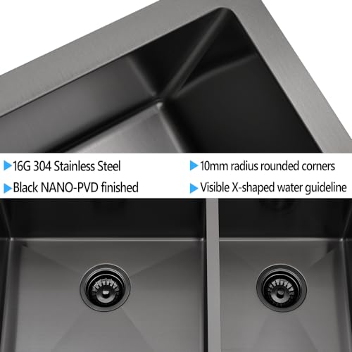 33x22 Black Stainless Steel Drop In Double Bowl Sink, 16 Gauge Black Stainless Steel Sink, Gabhar 33 Inch 60/40 Double Bowl Drop In Kitchen Sink
