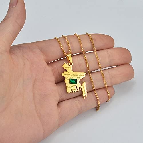 Bangladesh Map With Green Stone Pendant Necklaces Gold Color / Silver