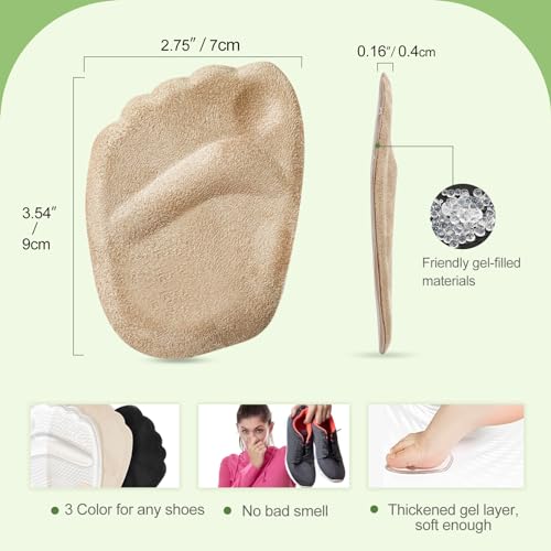Image of Metatarsal Pads for Women,Anti Sliding Foot Pads for Open ToeShoe,Forefoot Pads for Women,Ball of FooCushions,Reduce Foot Pain,Reusable Heel Pads Inserts for Too Biy Shoe,3-Pair(Beige+Black+Clear)