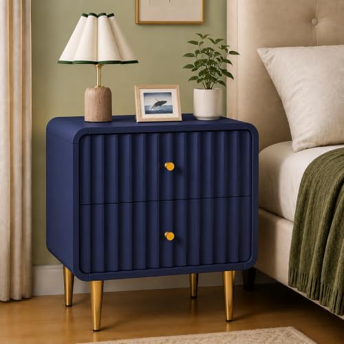 Image of HLR Modern Nightstand, Fluted Bedside Table with 2 Drawers Storage, Blue