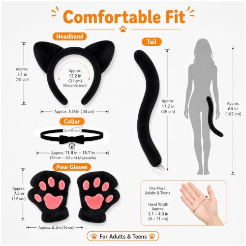 CaeyBrye Black Cat Costume Accessories Set, 5-Piece Cat Ears Headband Tail Paw Gloves and Bell Collar, Halloween Cosplay Costume Kit for Women Adults - image 3