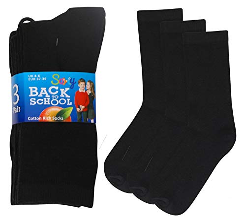 Soxy 12 works Boys/Girls Ankle Cotton Rich Plain School Socks Shoe, UK 4-6 (EU 37-39), Black