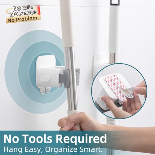 Image of TAILI Mop and Broom Holder Wall Mount Grippers, 3 Hangers and 8 Adhesive Strips, Damage Free Hanging Wall Mount, Household Cleaning Organizer for Organization and Storage, Holds up to 4 lbs, Grey