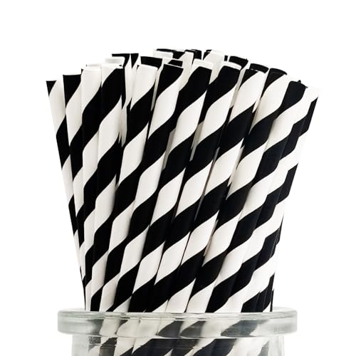 Black Striped Paper Straws, Pack of 100 Disposable Black & White Drinking Straws Perfect for Everyday Use, Celebrations, Holloween Party Suppliers