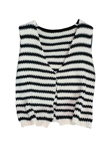 GORGLITTER Women's Striped Crochet Sweater Vest Split Button Down Colorblock Sleeveless Knit Tank Top