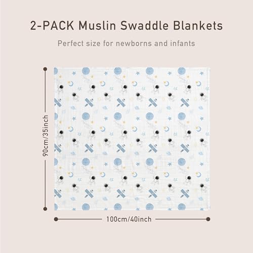 Image of GLLQUEN BABY Muslin Swaddle Blankets Breathable Receiving Blankets (35 inch x 40 inch) 2-Pack Soft Baby Blankets for Girls and Boys Newborn Essentials Muslin Burp Cloths Swaddle Wrap Baby Gift(Astronaut)