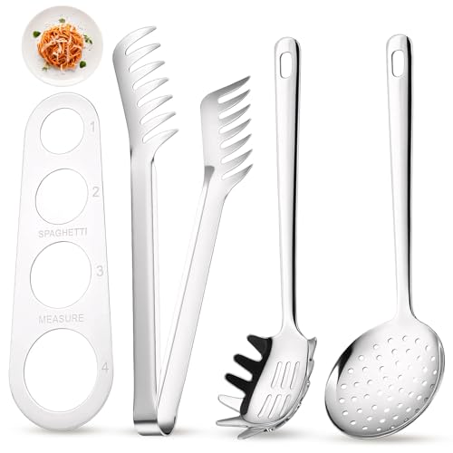 4-teiliges Spaghetti Server Set Edelstahl Spaghettizange Edelstahl Pasta Löffel Nudelkelle/Spaghettilöffel/Zange/Messer für Pasta-Liebhaber Salate geeignet zum Abseihen von Knödeln
