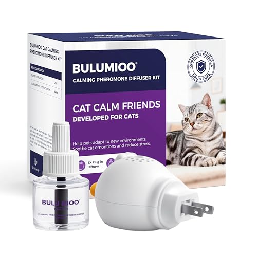 BULUMIOO Cat Calming Pheromone Diffuser Kit (30-Day Starter) – 1 Diffuser + 1 x 48ml Refill – Helps Reduce Urine Spraying, Scratching & Fighting – Unscented Stress Relief for Single Room