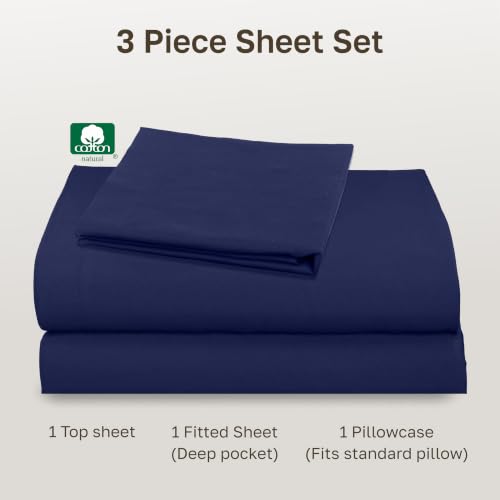 Image of California Design Den Twin Bed Sheets Set - Natural 100% Cotton Sheets with 12 inch Pockets, Soft Sateen Weave, Breathable and Durable Bedding Set for Dorm Rooms, College (Navy Blue)